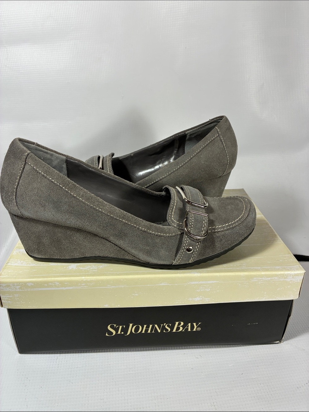 NWB St. John's Bay Gray Suede Wedge Loafers with Buckle